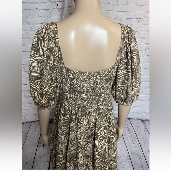 House of Harlow Mini Brown Dress Print Linen Puff Sleeve  Babydoll Size S - Picture 6 of 11